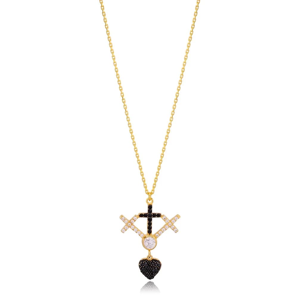 Unique Cross Design Black and White Zirconia Charm Pendant Necklace Turkish 925 Sterling Silver Jewelry