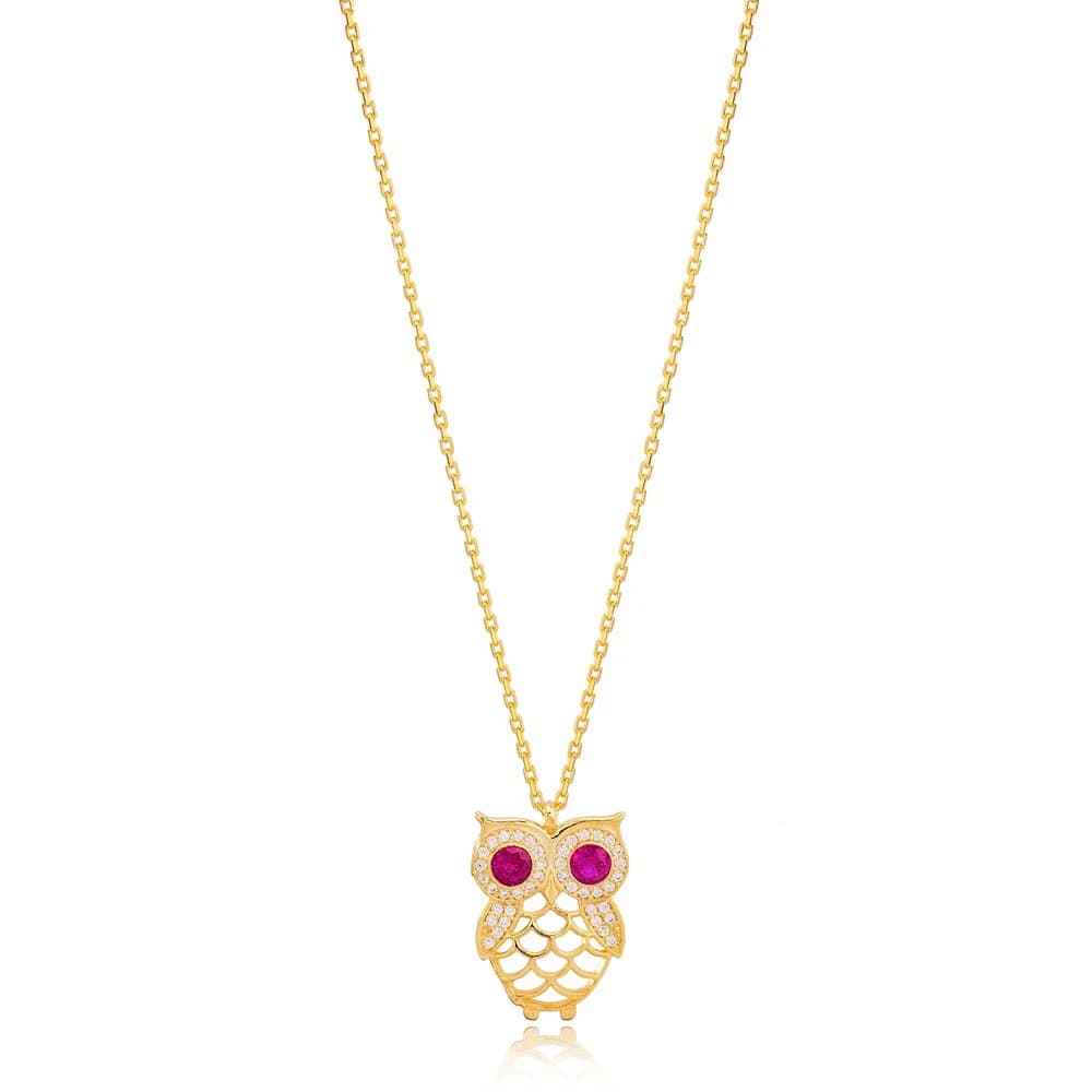 Chic Owl Charm Ruby and Zircon Stone Pendant Necklace Turkish 925 Sterling Silver Jewelry