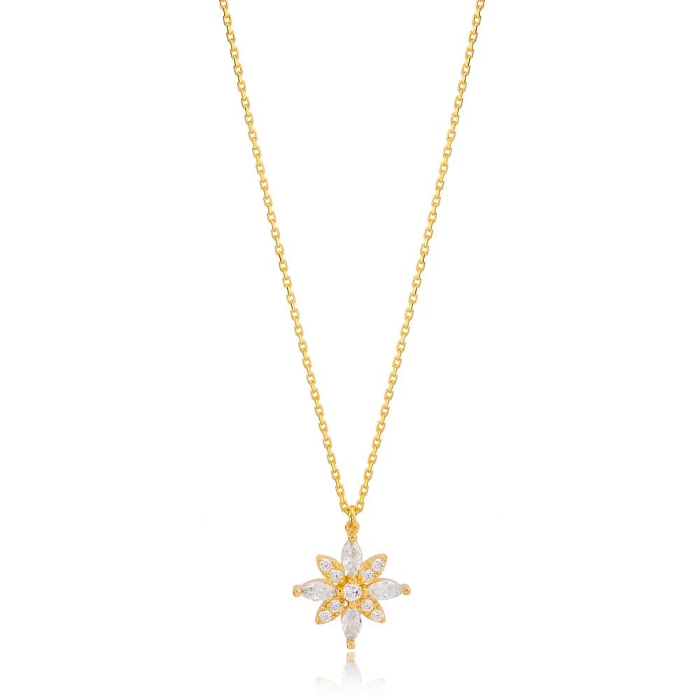 Flower Design Citrine and Zircon Stone Charm Pendant Necklace Turkish 925 Sterling Silver Jewelry