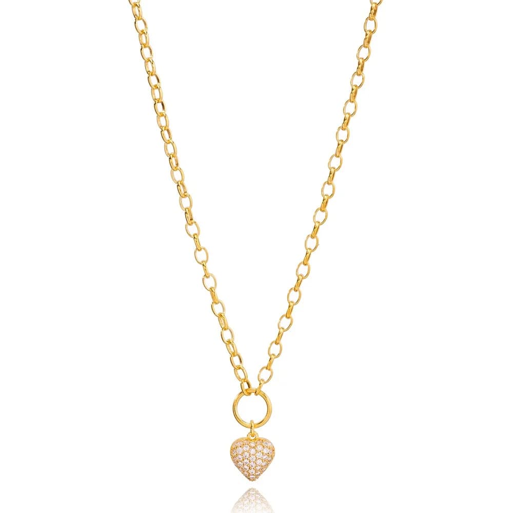 Zircon Stone Heart Charm Hoop Cable Chain Pendant Necklace Turkish 925 Sterling Silver Jewelry