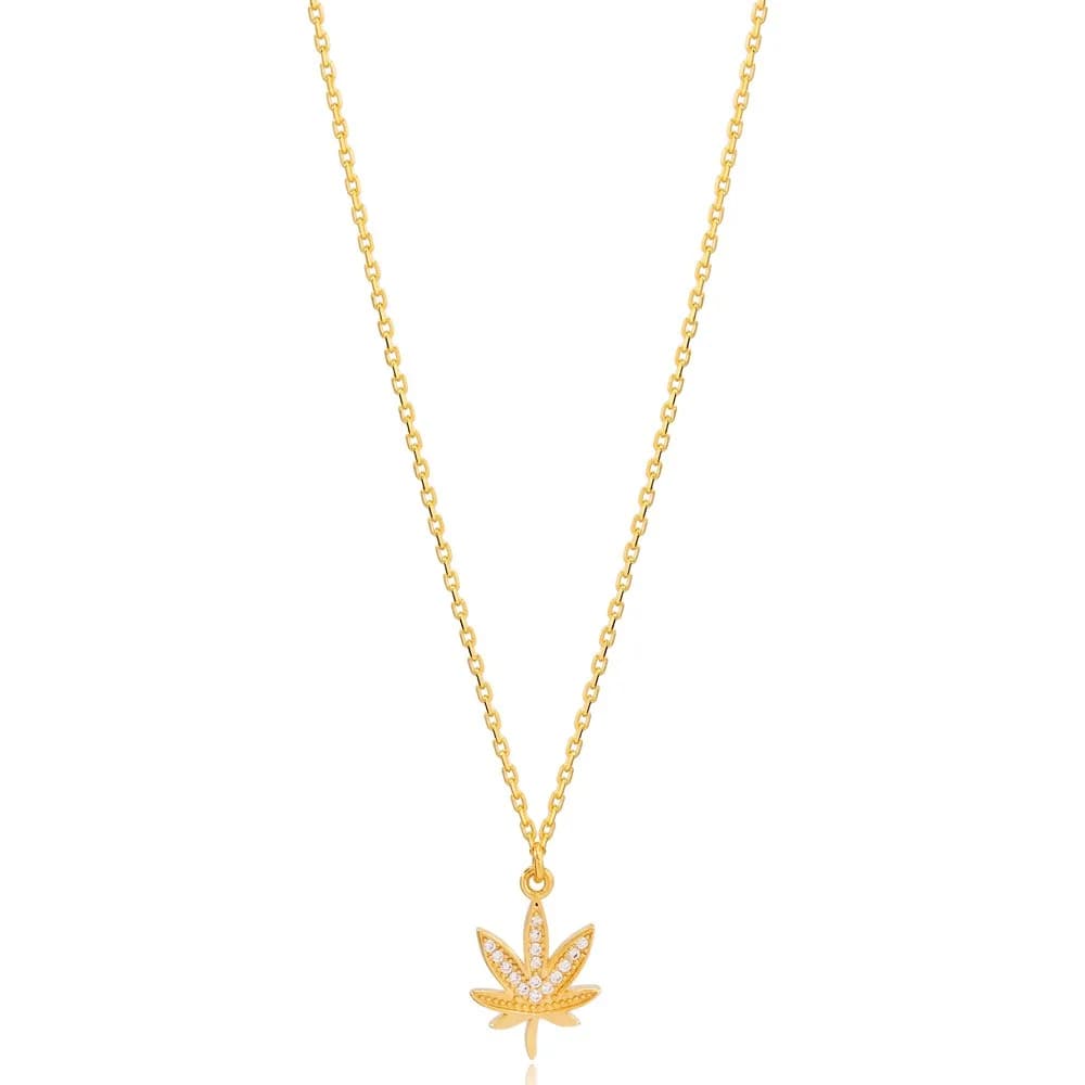 Dainty Leaf Charm Zircon Stone Chain Necklace Turkish 925 Sterling Silver Jewelry