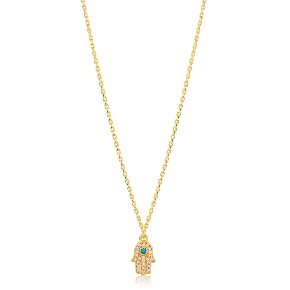 High Quality Hamsa Design Zircon and Turquoise Stone Necklace Turkish 925 Sterling Silver Jewelry