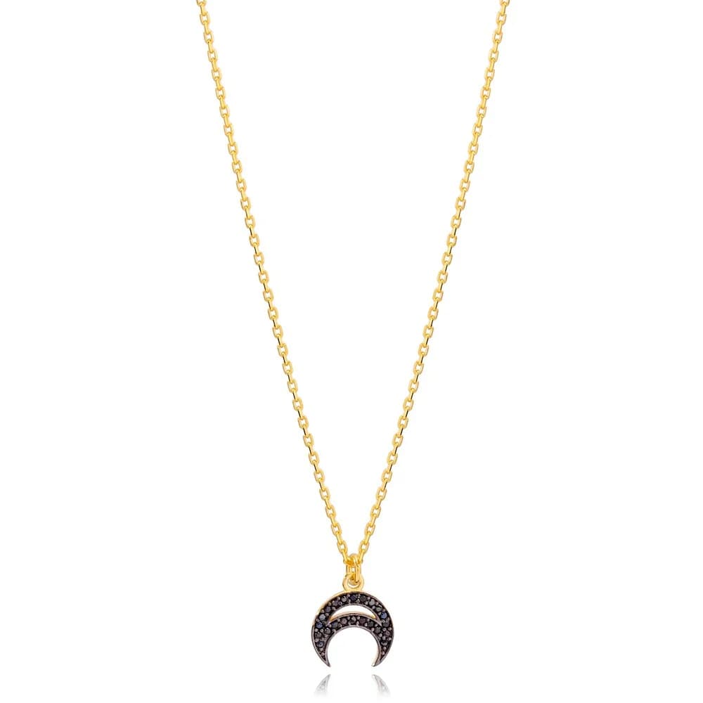 Fashionable Black Moon Design Zircon Stone Charm Necklace Turkish 925 Sterling Silver Jewelry