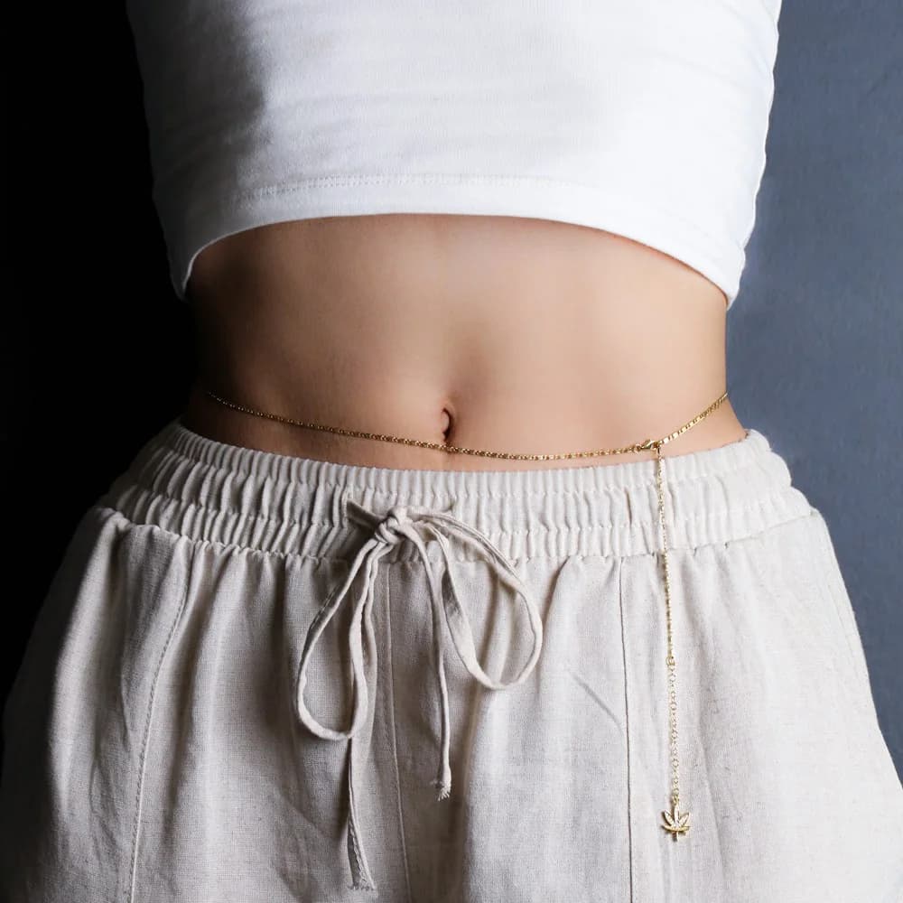Belly Chain Dainy Leaf Charm Zircon Stone Turkish 925 Sterling Silver Body Jewelry