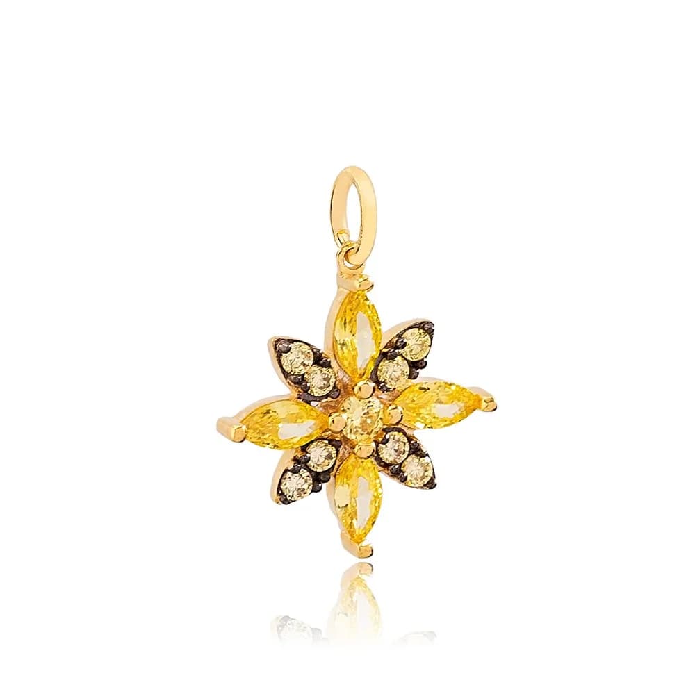 Flower Citrine and Black Stone Detailed Dangle Charm 925 Sterling Silver Wholesale Turkish Jewelry