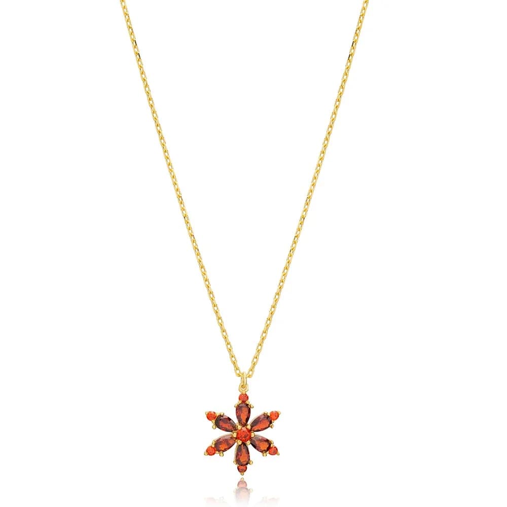 Dainty Flower Shape Garnet Stone Charm Necklace Handmade Turkish 925 Sterling Silver For Ladies Jewelry