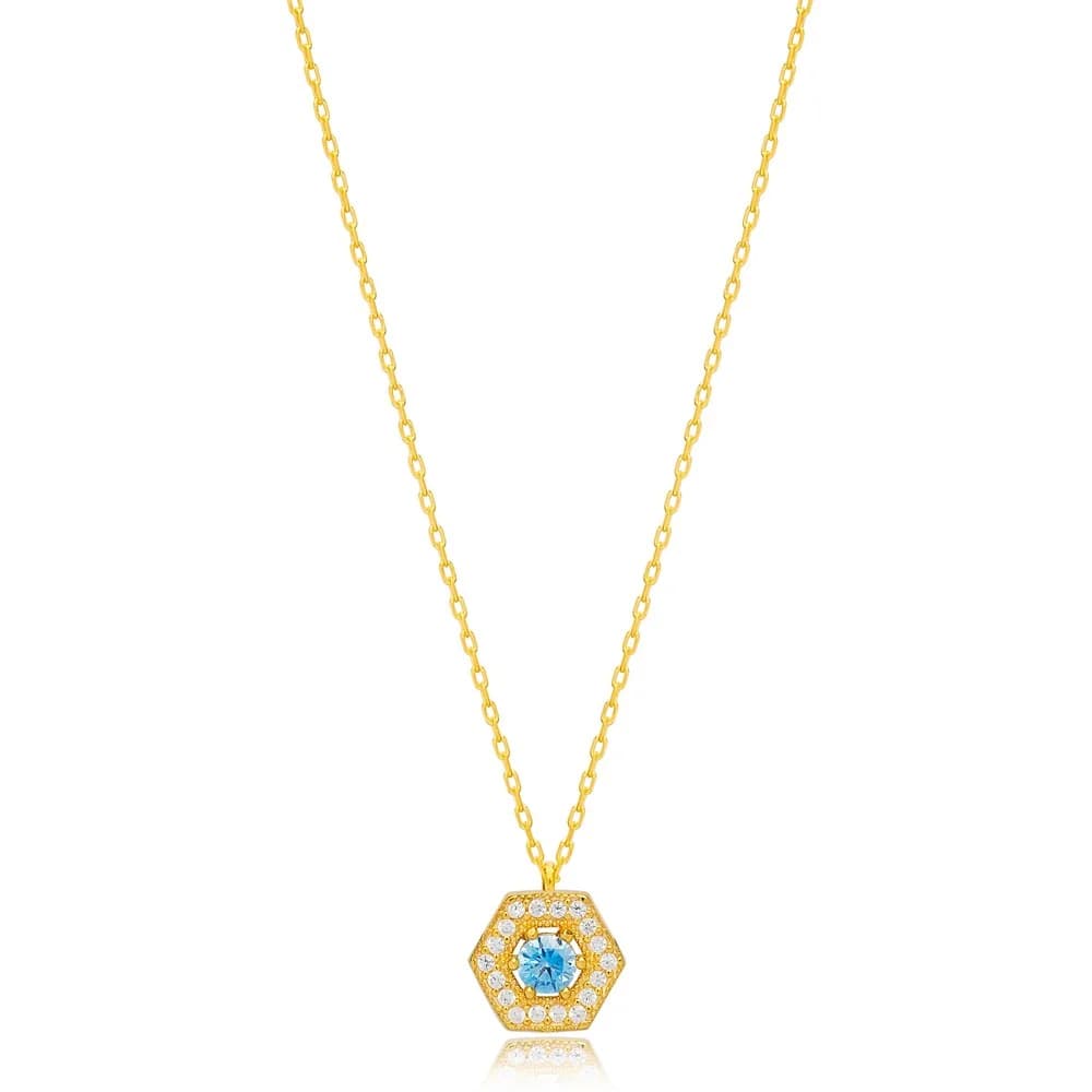 Brilliant Hexagon Aquamarine Charm Necklace Wholesale Handmade Turkish 925 Sterling Silver Jewelry
