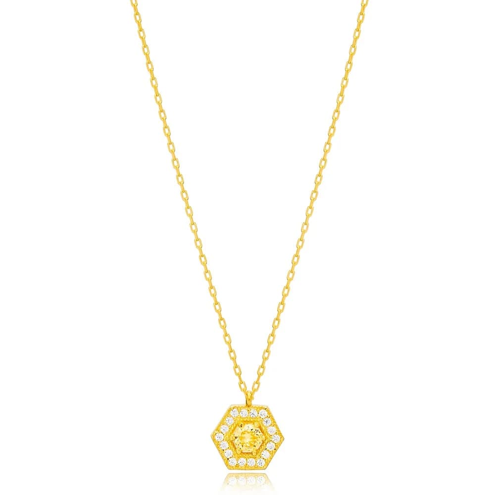 Glamorous Citrine Hexagon Charm Necklace Handmade Wholesale Turkish 925 Sterling Silver Jewelry