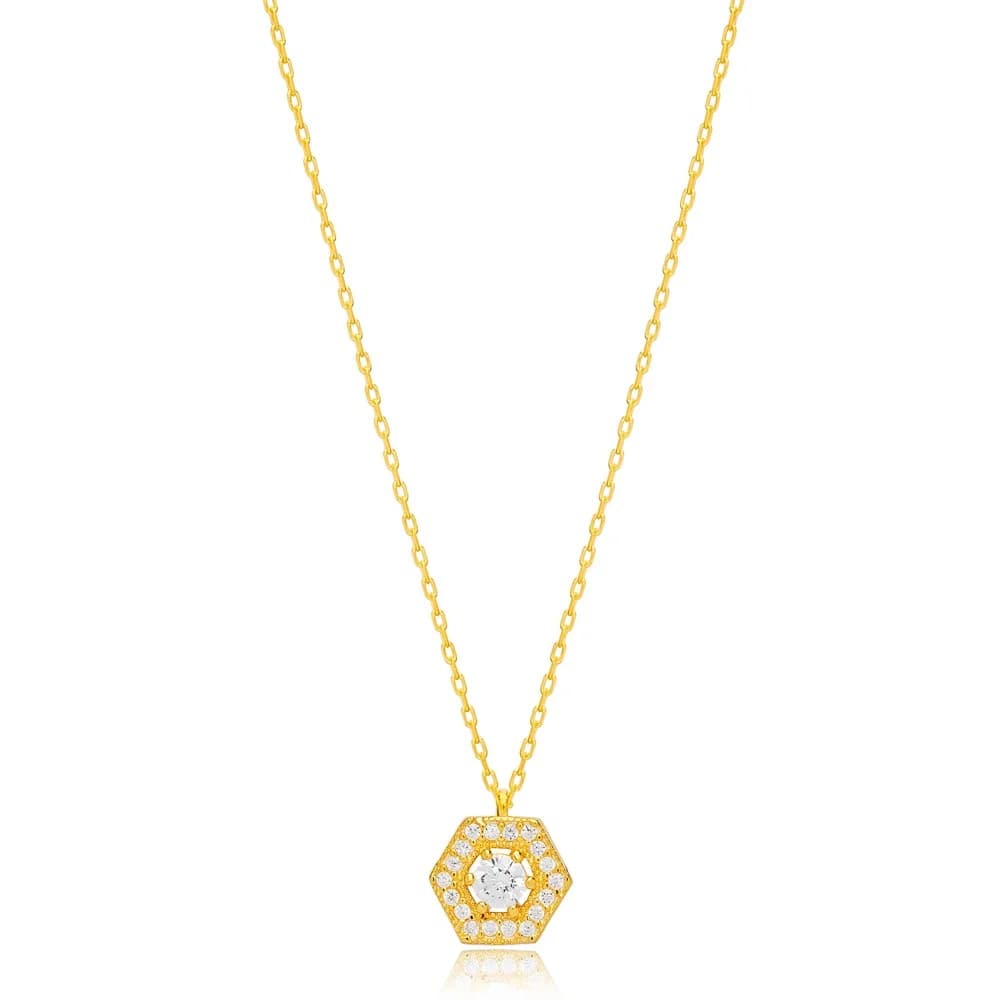 Geometric Hexagonal Zirconia Charm Necklace Theia Handmade Wholesale Turkish 925 Sterling Silver Jewelry