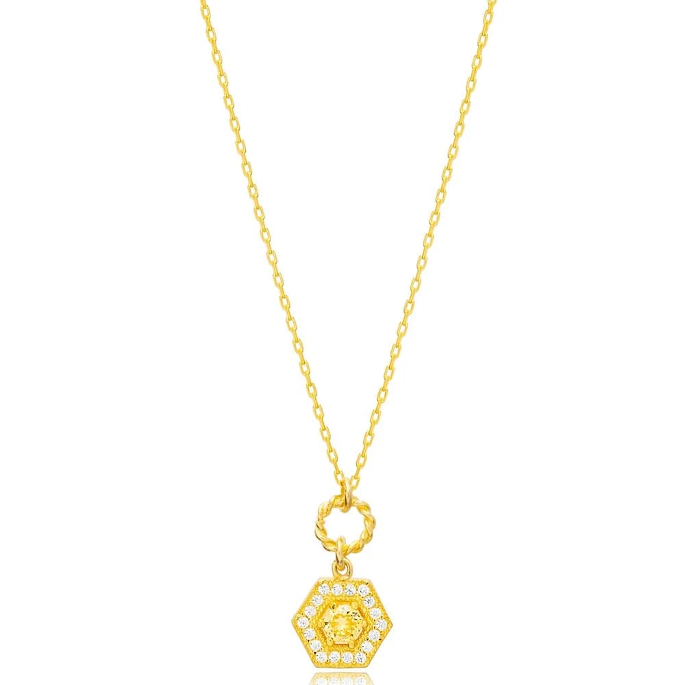 Elegant Citrine Stone Hexagon Hollow Chain Charm Necklace Wholesale Turkish 925 Sterling Silver Jewelry