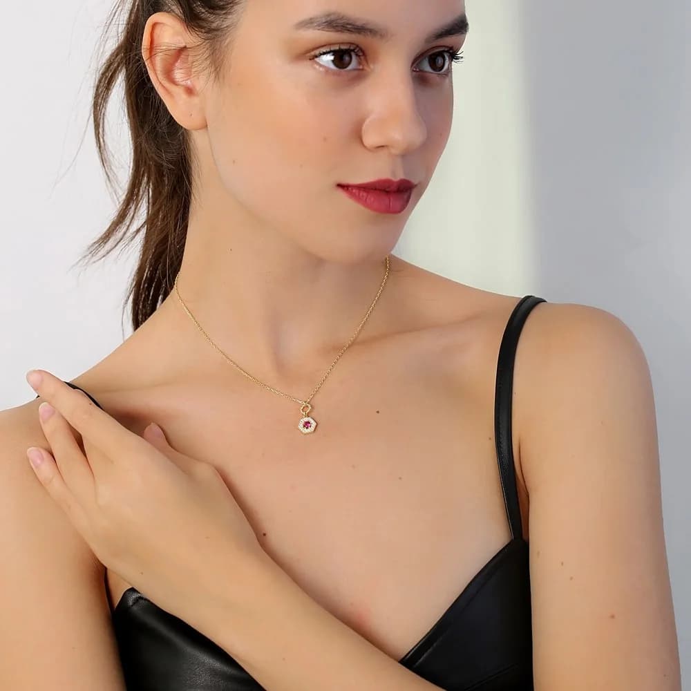 Stylish Ruby Stone Hexagon Hollow Chain Charm Necklace Wholesale Turkish 925 Sterling Silver Jewelry
