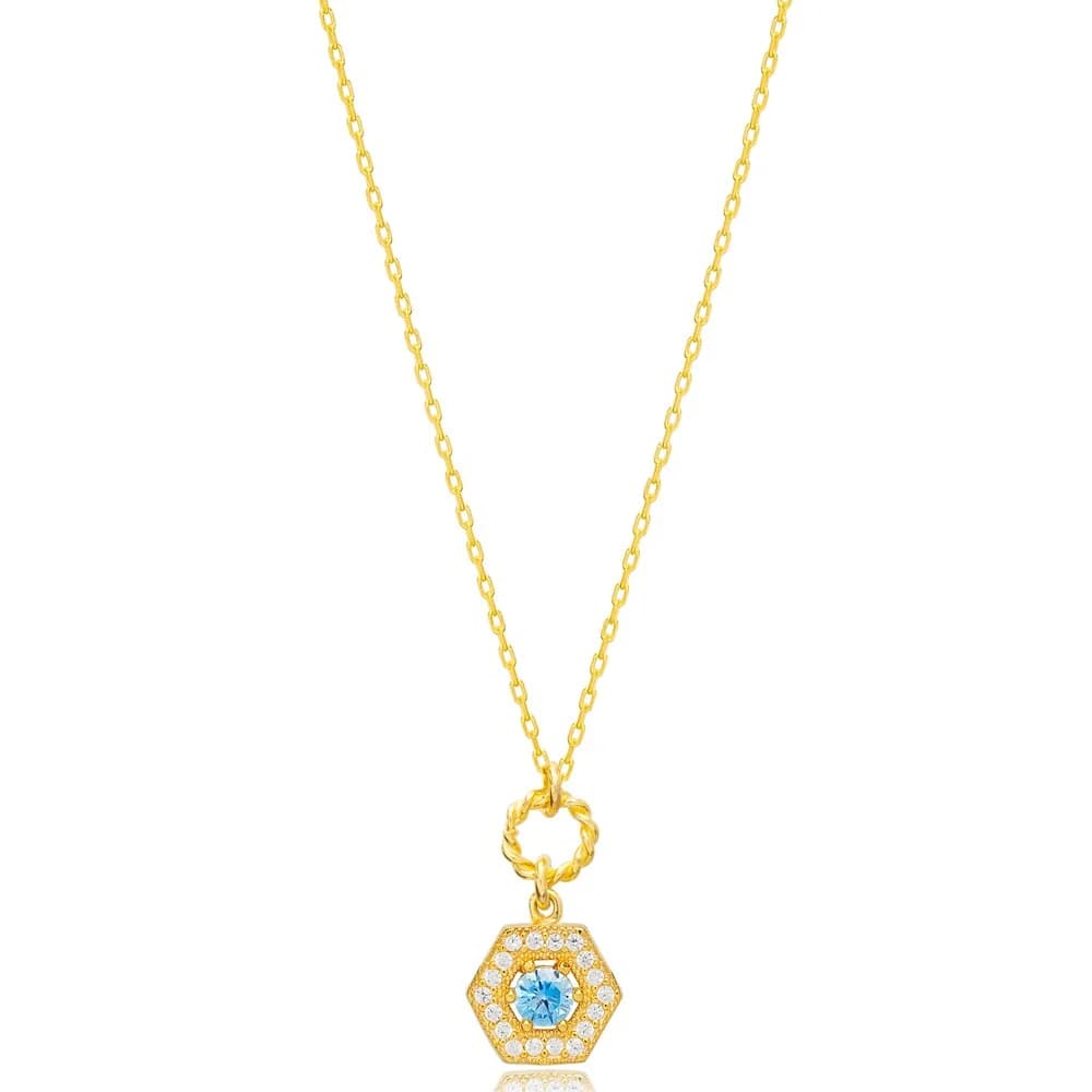 Delicate Hexagon Hollow Chain Aquamarine Charm Necklace Wholesale Turkish 925 Sterling Silver Jewelry