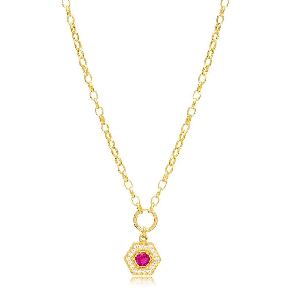 Ruby and Zircon Stone Hexagon Hollow Charm Necklace Wholesale 925 Sterling Silver For Ladies Jewelry