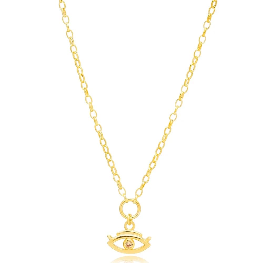 Citrine Stone Evil Eye Shape Hollow Link Chain Charm Necklace Handmade Wholesale 925 Sterling Silver Jewelry
