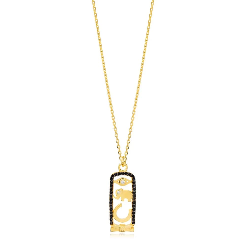 Trendy Multi Figurative Black Zircon Detailed Handmade Turkish 925 Sterling Silver Charm Necklace