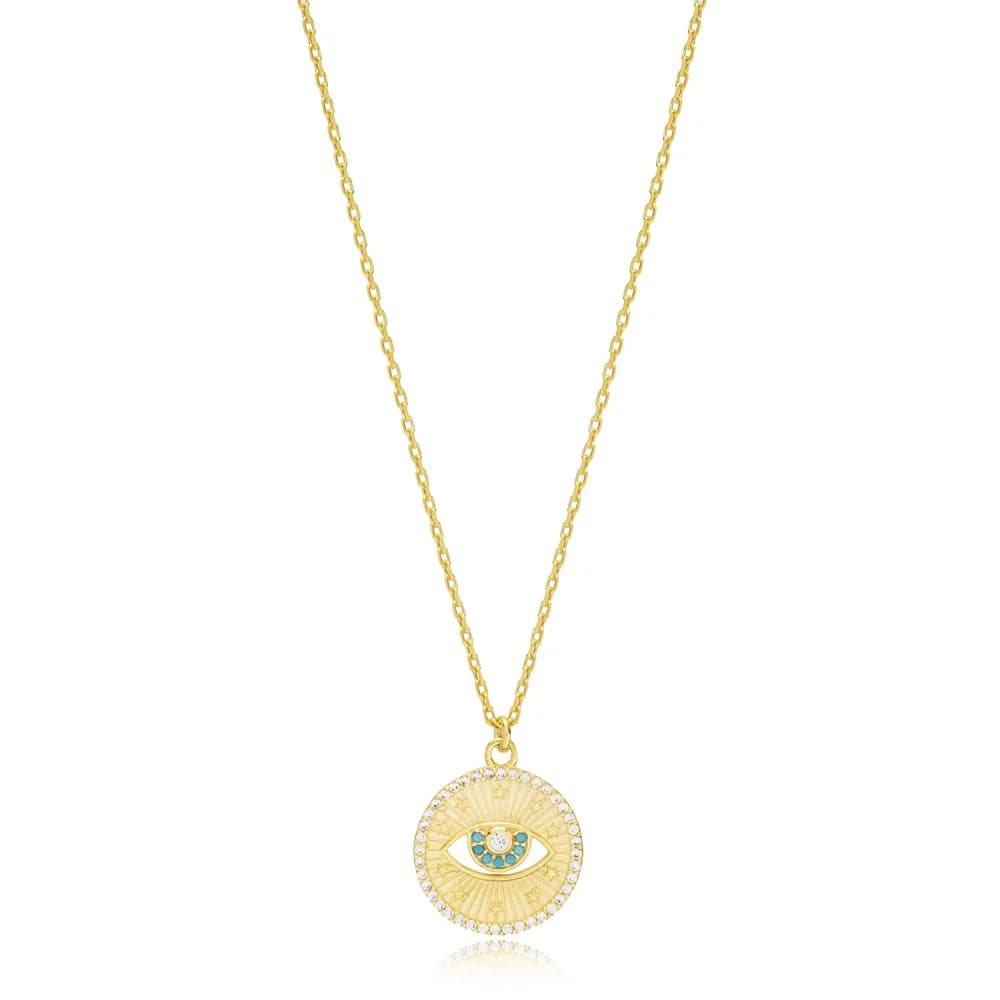 Turquoise Stone Medallion Evil Eye Necklace Wholesale Handmade 925 Sterling Silver Jewelry