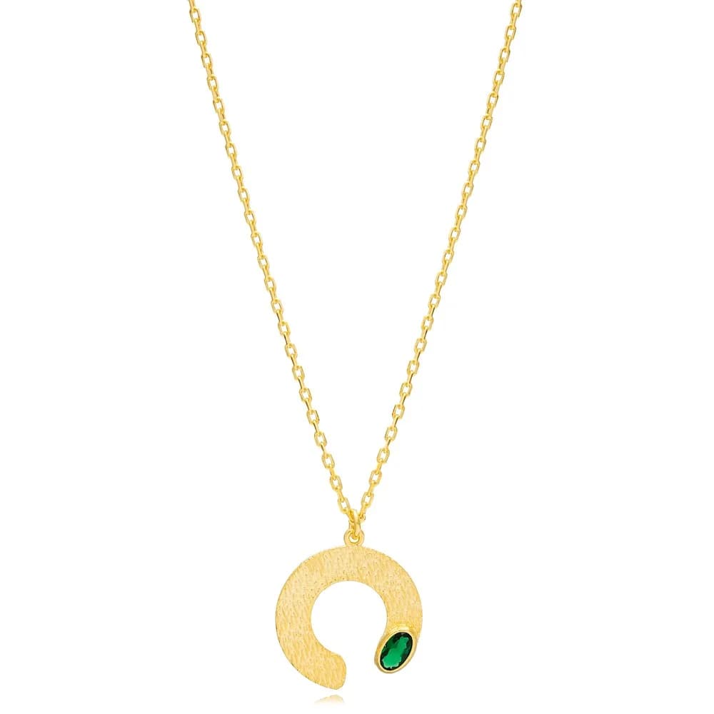 Elegant Half Circle Shape Emerald Stone Charm Pendant Necklace Turkish Handmade 925 Sterling Silver Texture Jewelry