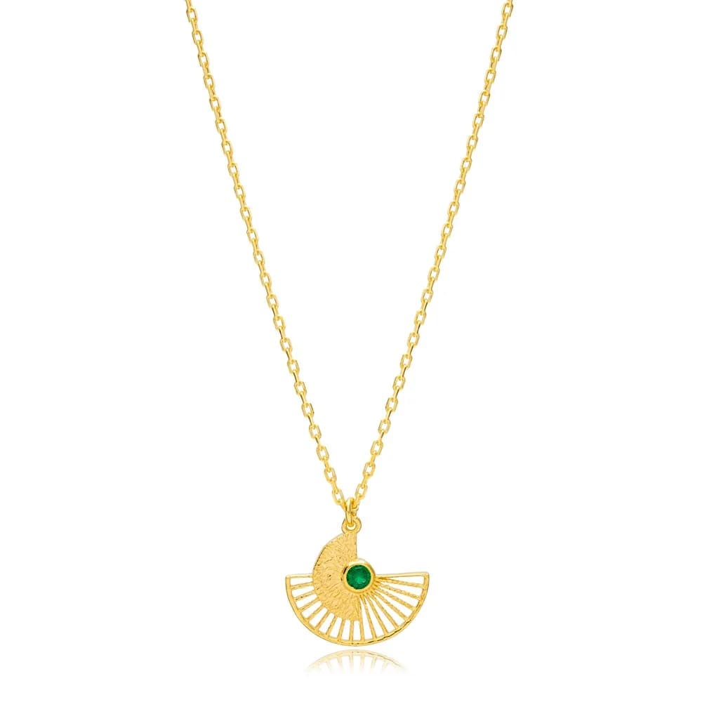 Unique Fan Shaped Unique Charm Pendant Round Cut Emerald Stone Turkish Handcrafted 925 Sterling Silver Jewelry