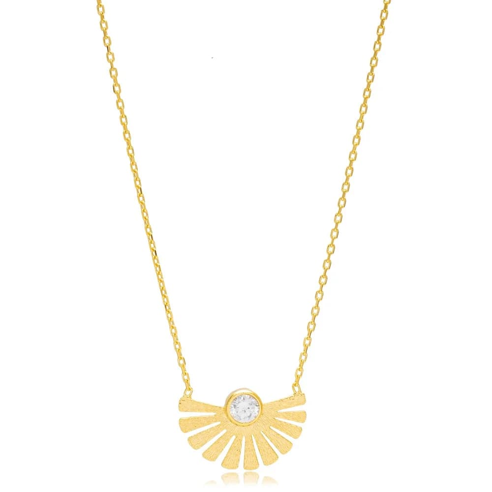 Trendy Fan Design Clear Zircon Stone Charm Pendant Necklace Turkish 925 Sterling Silver Jewelry