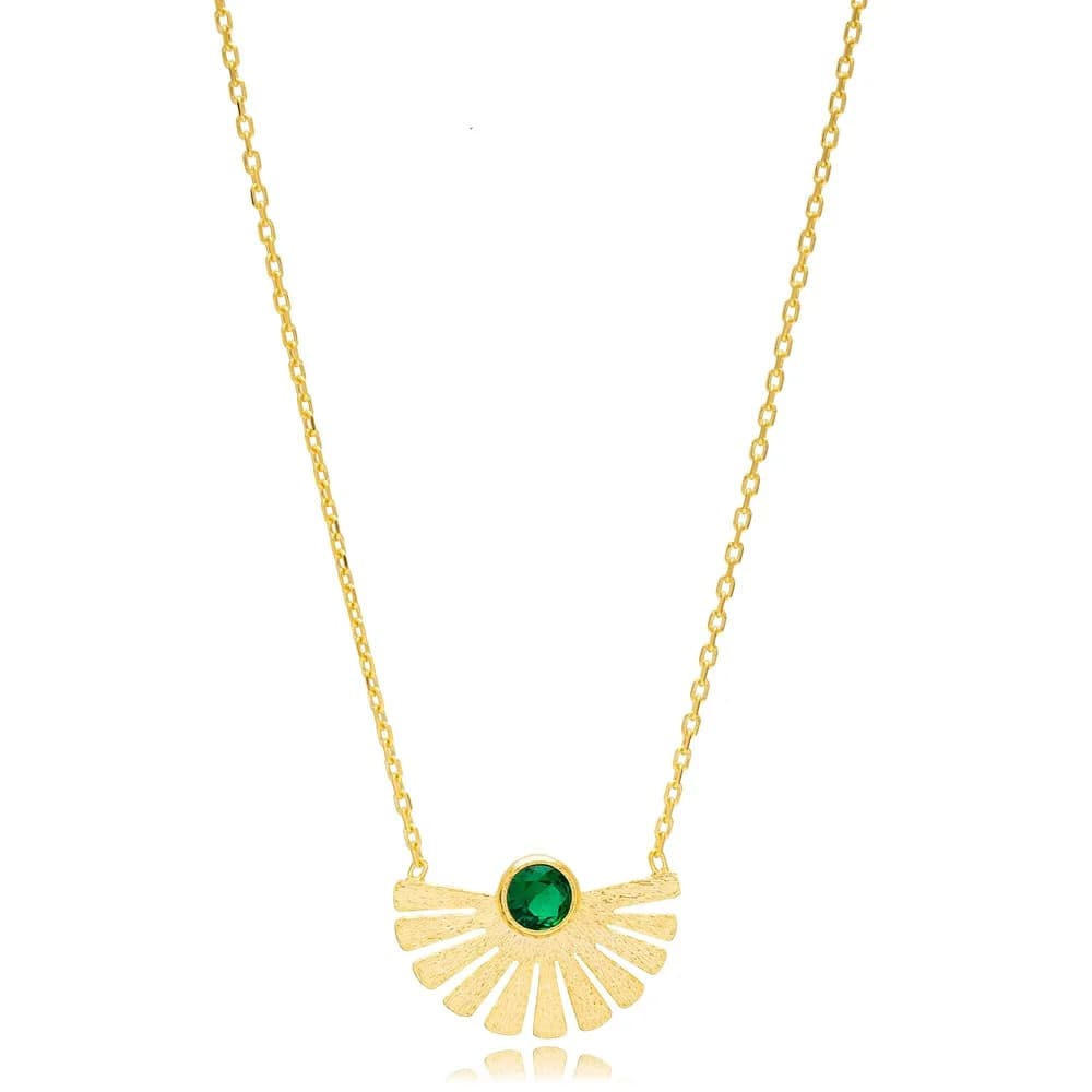 Round Shape Emerald Stone Fan Shaped Charm Pendant Necklace Turkish 925 Sterling Silver Jewellery