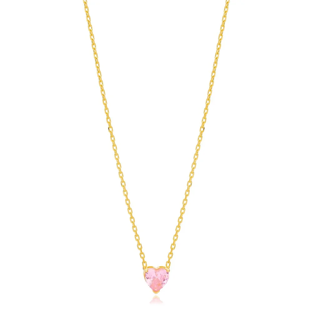 Cute Pink Zircon Heart Charm Necklace Pendant Handmade Turkish 925 Sterling Silver Jewelry