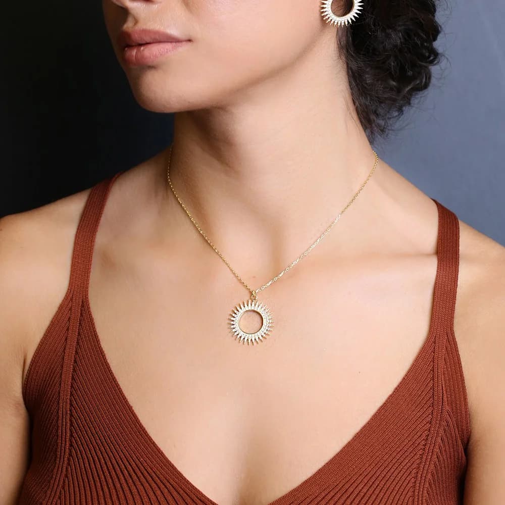 Trendy Hollow Sun Zircon Stone Design Handmade Turkish 925 Sterling Silver Charm Necklace