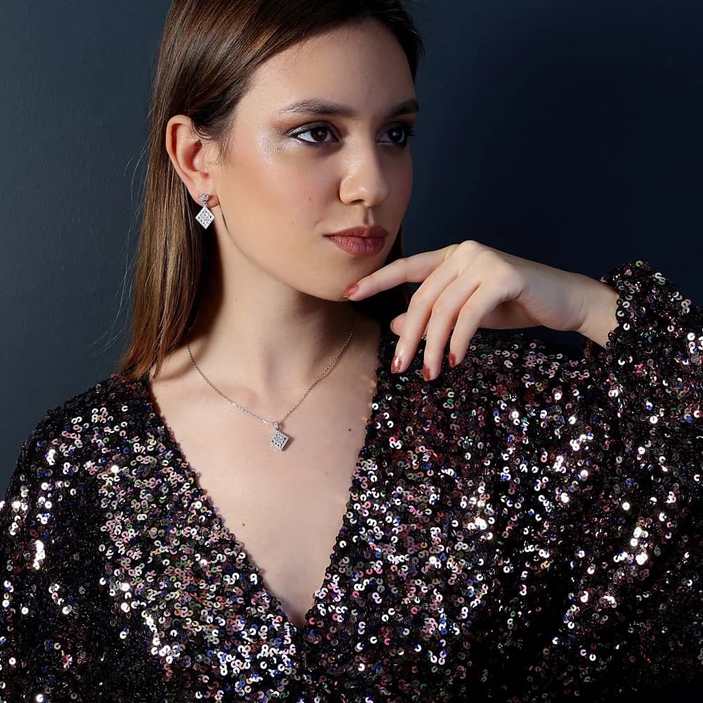 Geometric Design Shiny Zircon Stone Charm Necklace 925 Sterling Silver Jewelry
