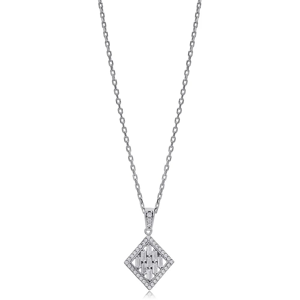 Geometric Design Shiny Zircon Stone Charm Necklace 925 Sterling Silver Jewelry