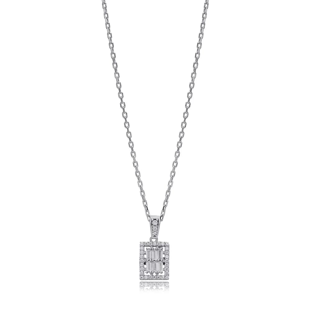 Geometric Rectangle Design Clear Zircon Stone Charm Necklace 925 Sterling Silver Jewelry