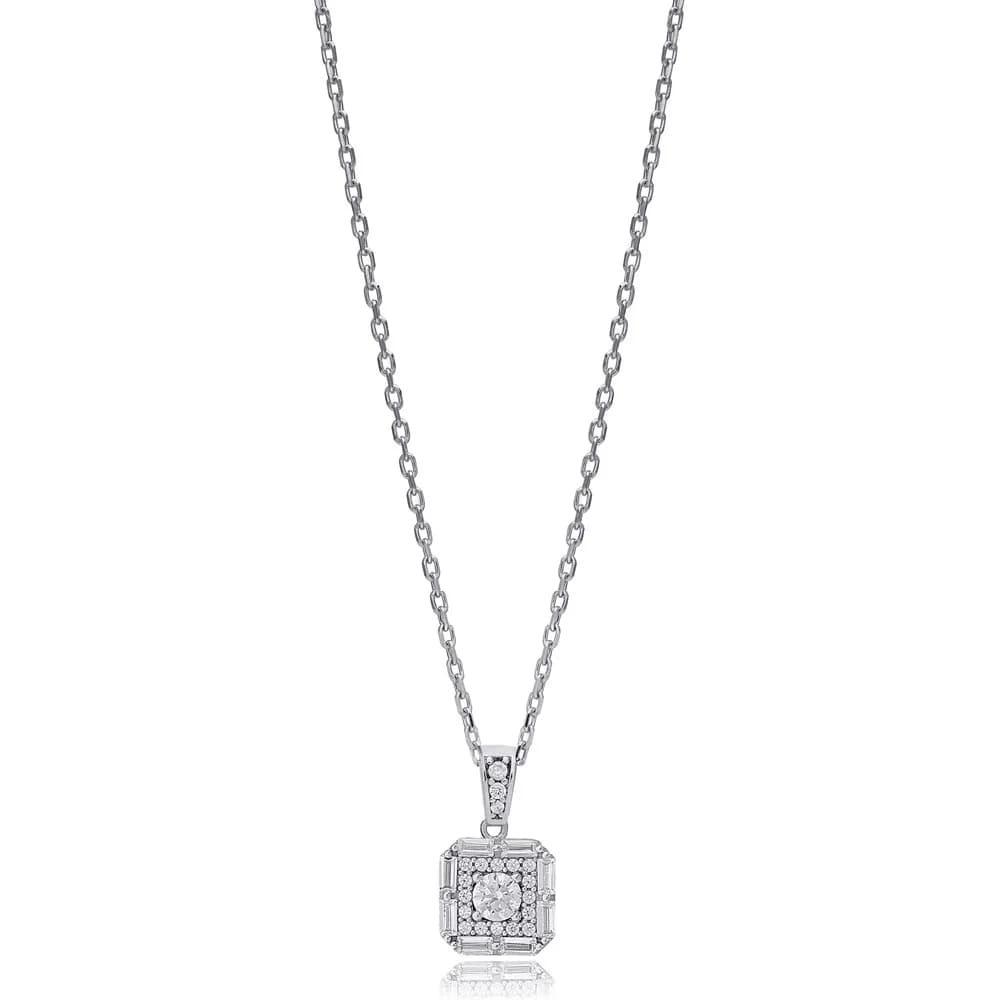 New Design Square Geometric Shape Baguette Stone Charm Necklace Woman Pendant 925 Sterling Silver Jewelry