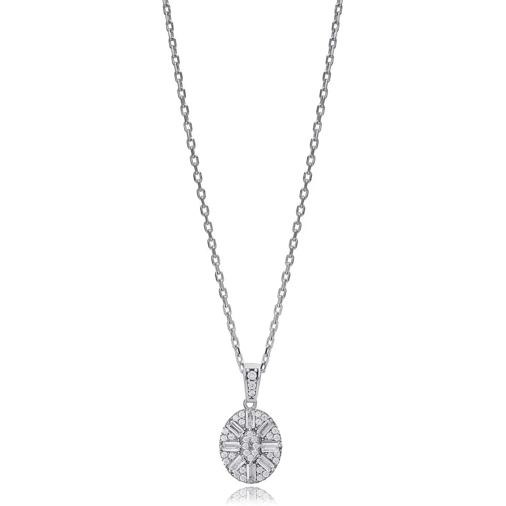Oval Shape Baguette Stone Charm Necklace Turkish Handmade Wholesale 925 Sterling Silver Jewelry