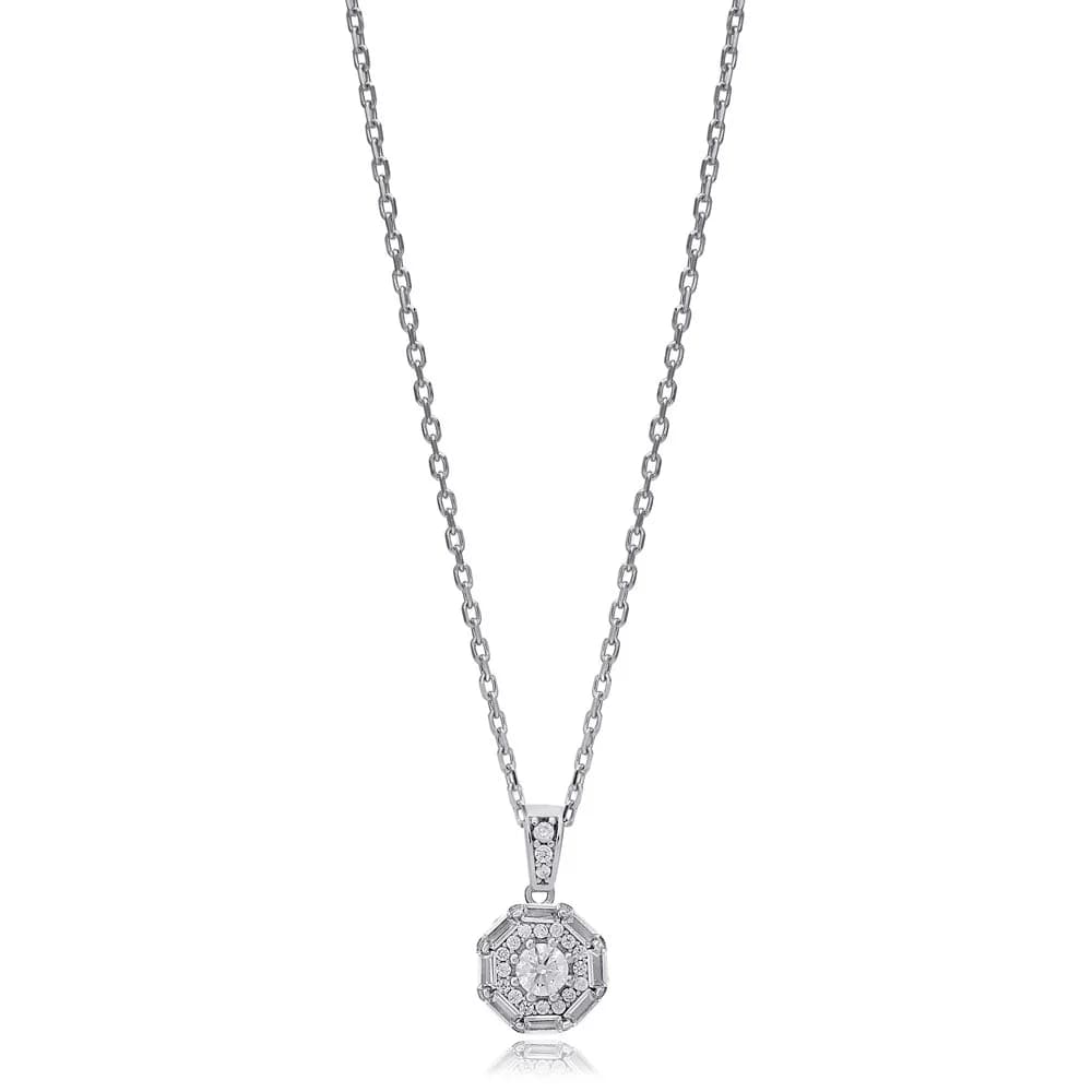 Round Shape Shiny Baguette Stone Charm Necklace For Woman 925 Sterling Silver Jewelry