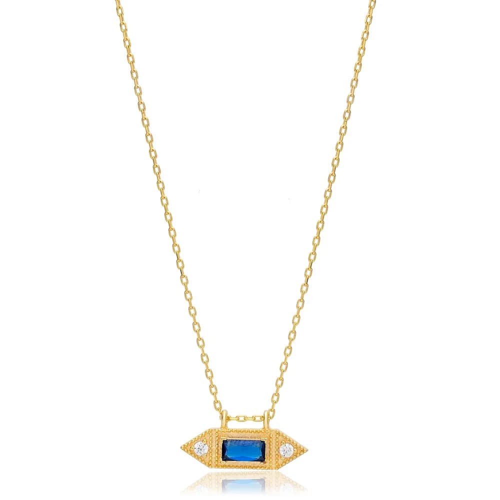 Geometric Shape Sapphire Stone Charm Pendant Turkish Handmade 925 Sterling Silver Jewelry