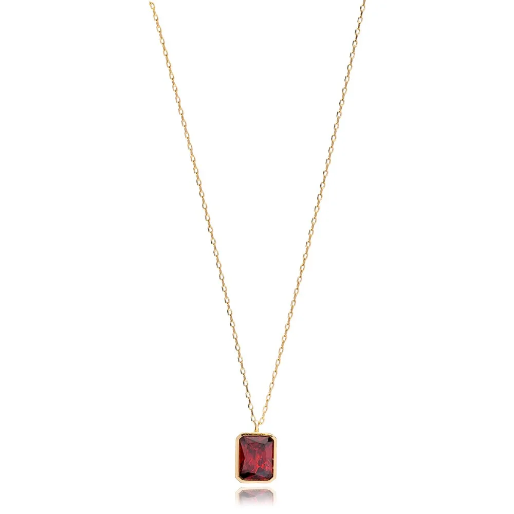 Square Shape Garnet Stone Minimalist Design Charm Necklace