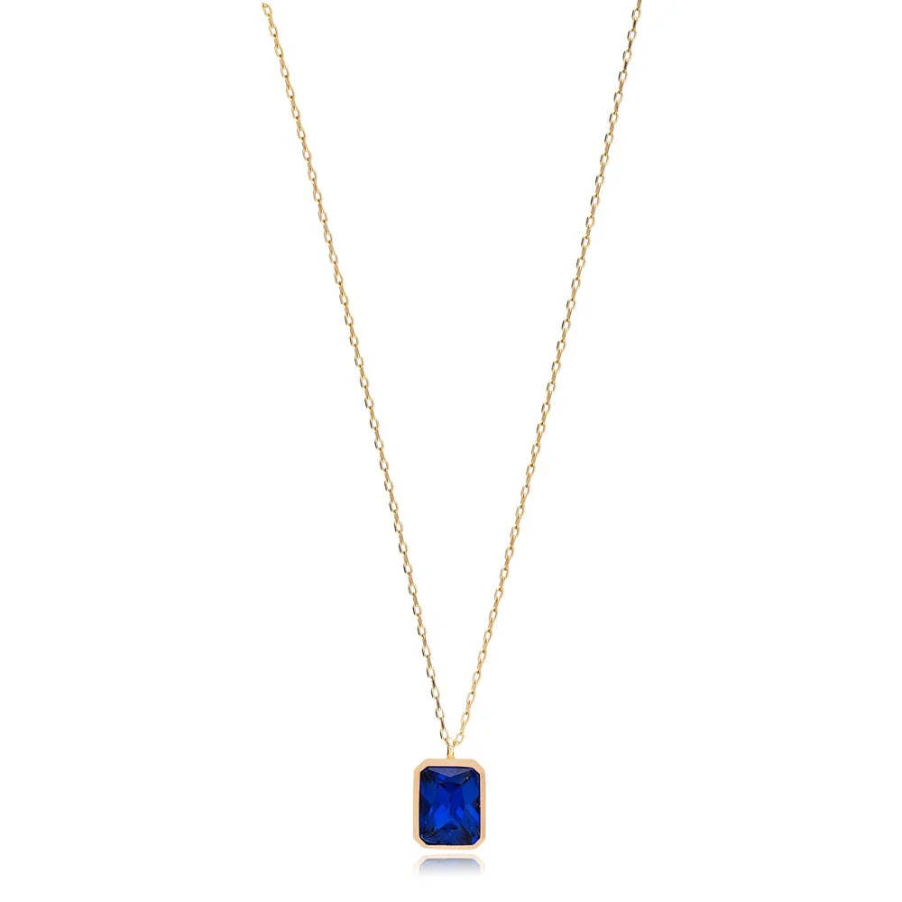 Square Shape Sapphire Stone Minimalist Design Charm Necklace Turkish Handmade Wholesale 925 Silver Sterling Jewelry