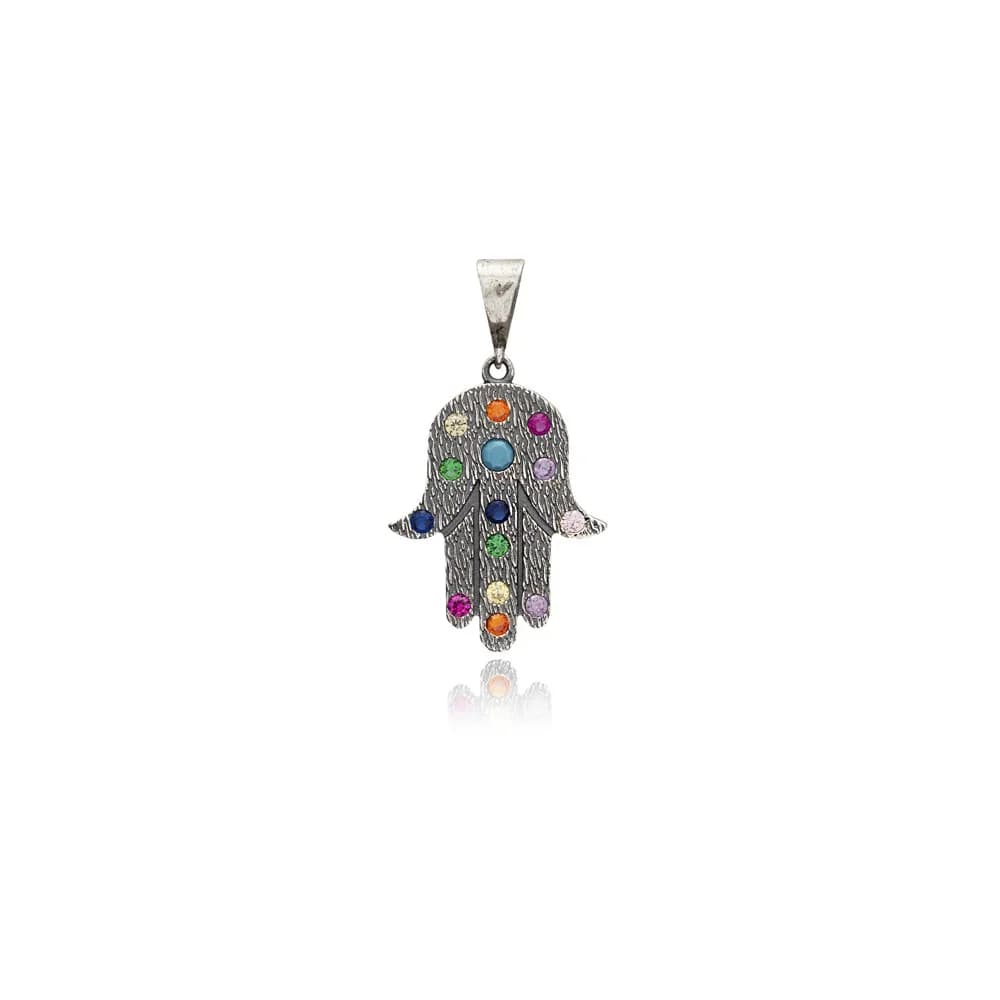 Oxidized Mix Cz Hamsa Silver Charm