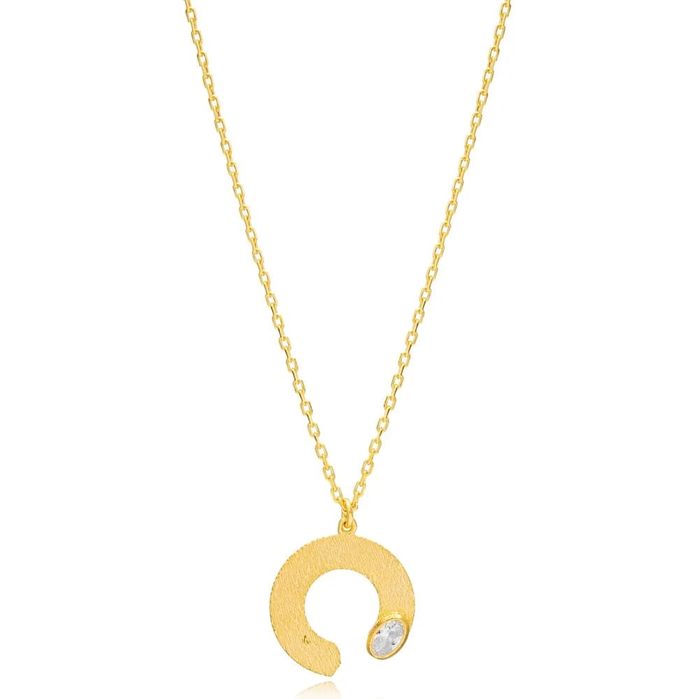 Dainty Half Circle Shape Clear Zircon Stone Charm Necklace Turkish Wholesale 925 Sterling Silver Textured Jewelry