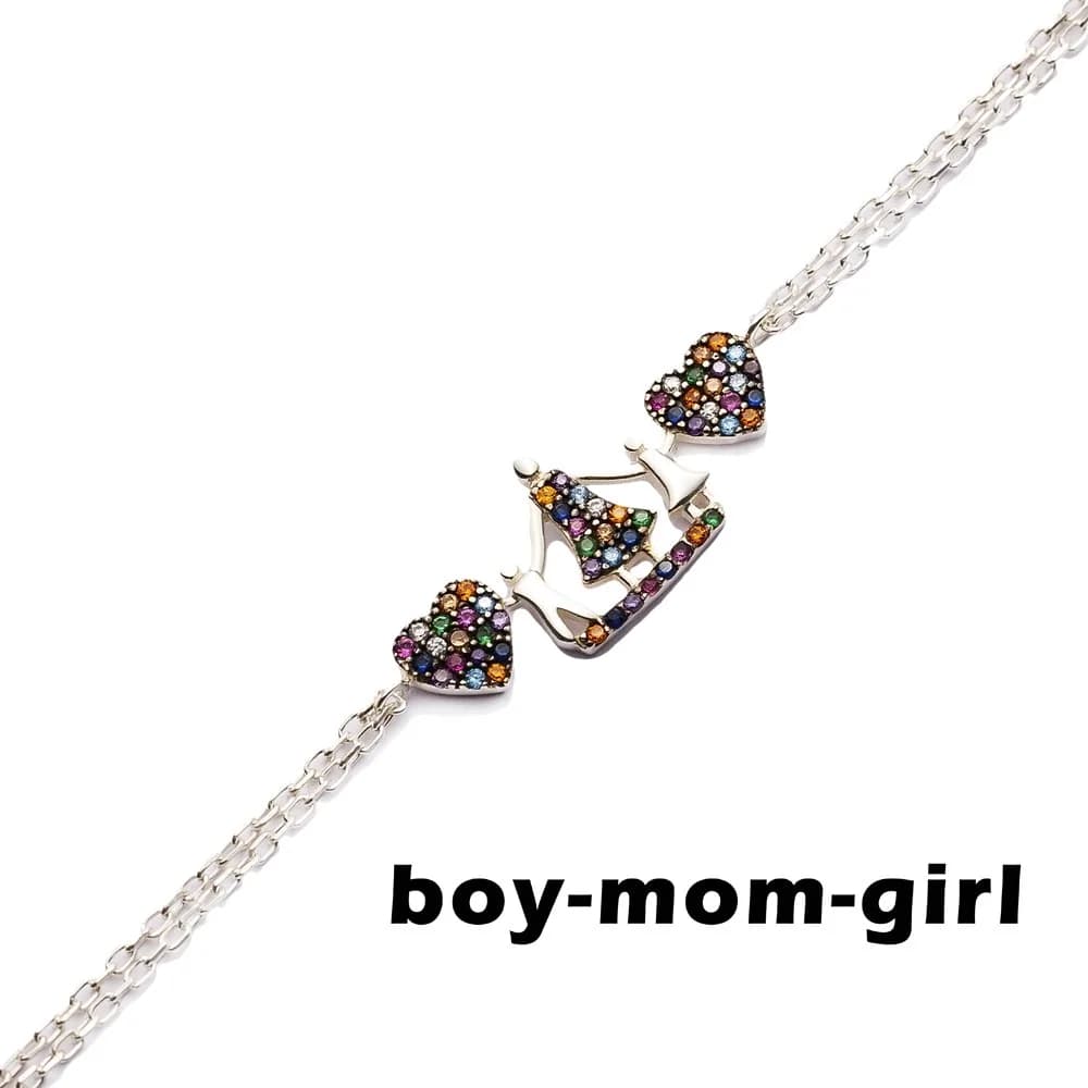 Mother Girl and Boy Mix Stone Silver Bracelet