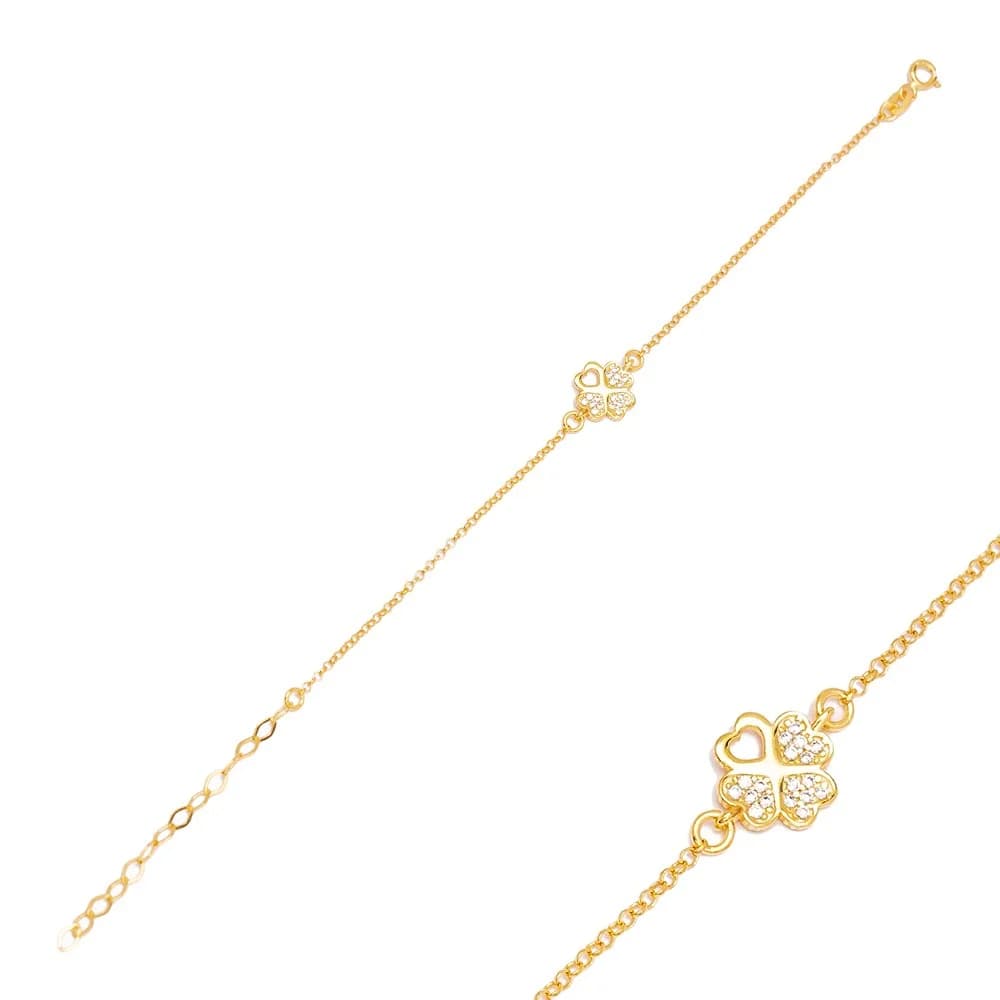 White Zircon Stone Four Clover Silver Charm Bracelet