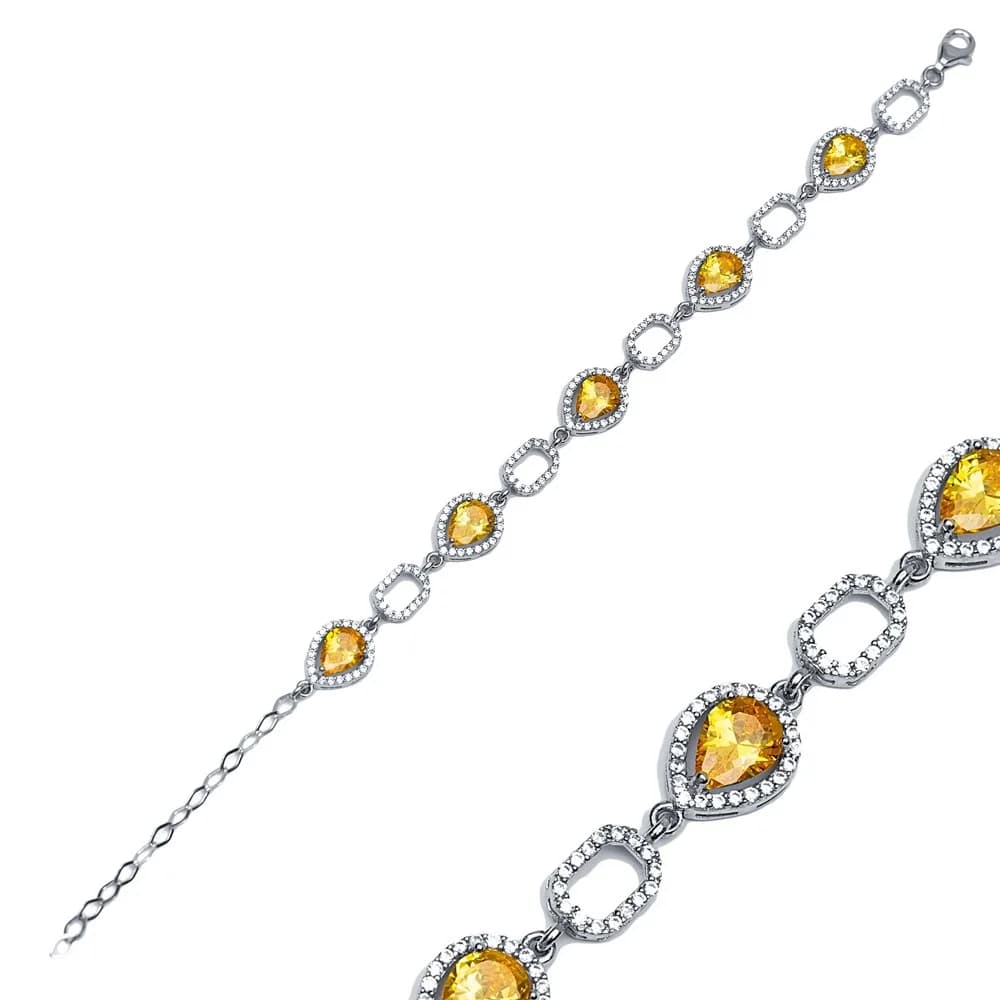 Geometric Style Citrine Stone Rhodium Plated Charm Bracelet Handmade Wholesale Turkish 925 Sterling Silver Jewelry