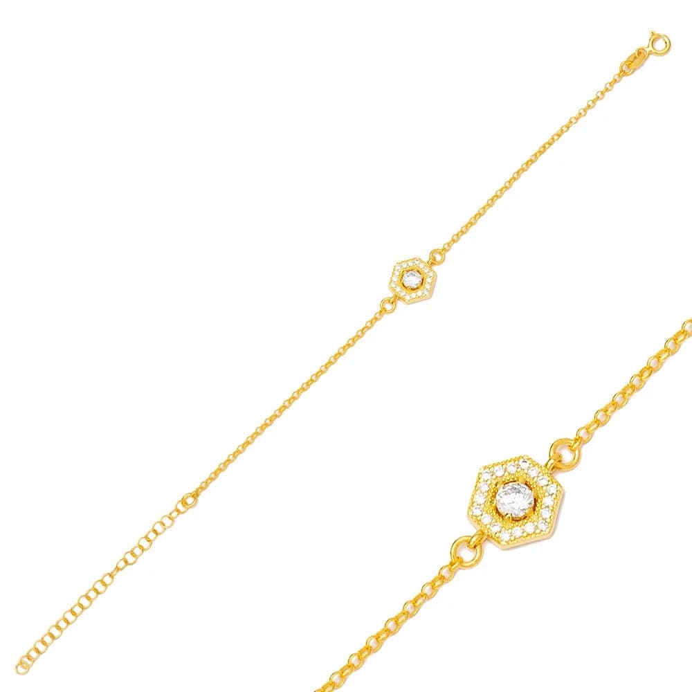 Trendy Hexagon Zirconia Stone Charm Bracelet Wholesale Handmade Turkish 925 Sterling Silver Jewelry