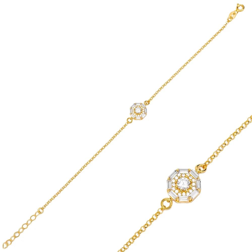 Shiny Zircon Stone Baguette Silver Charm Bracelet