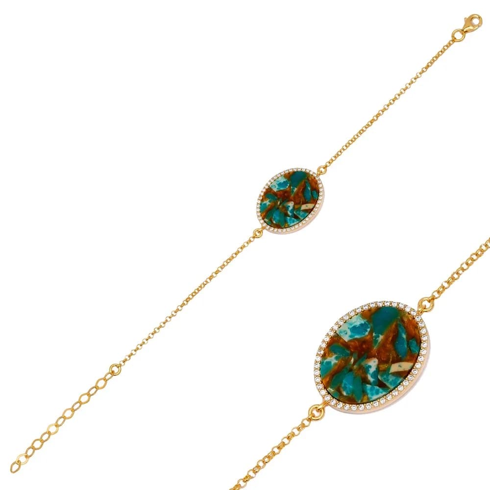 Turquoise CZ Stone Oval Design Turkish Handmade Jewelry Wholesale 925 Sterling Silver Bracelet