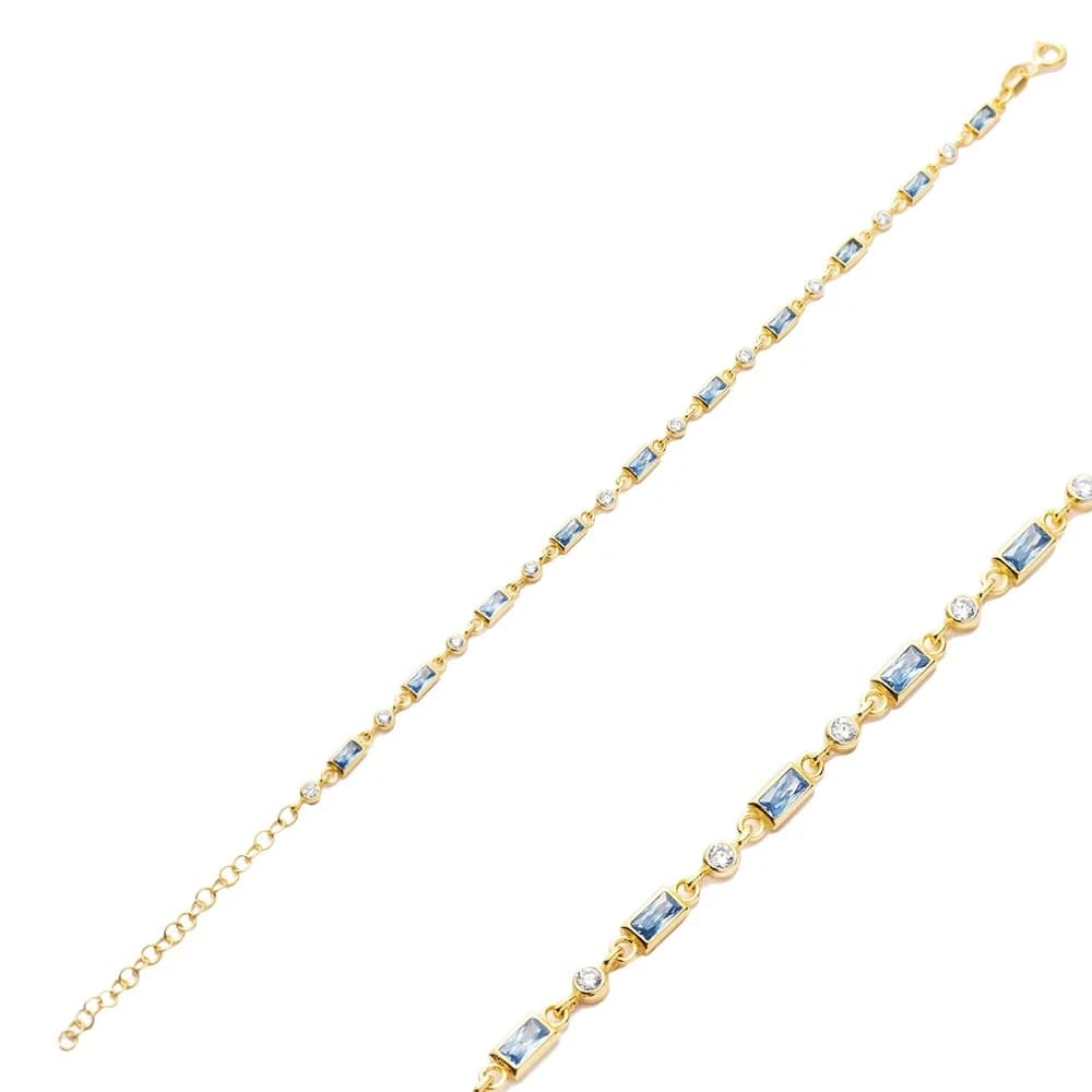 Aquamarine Baguette CZ Stone Handmade Silver Charm Bracelet