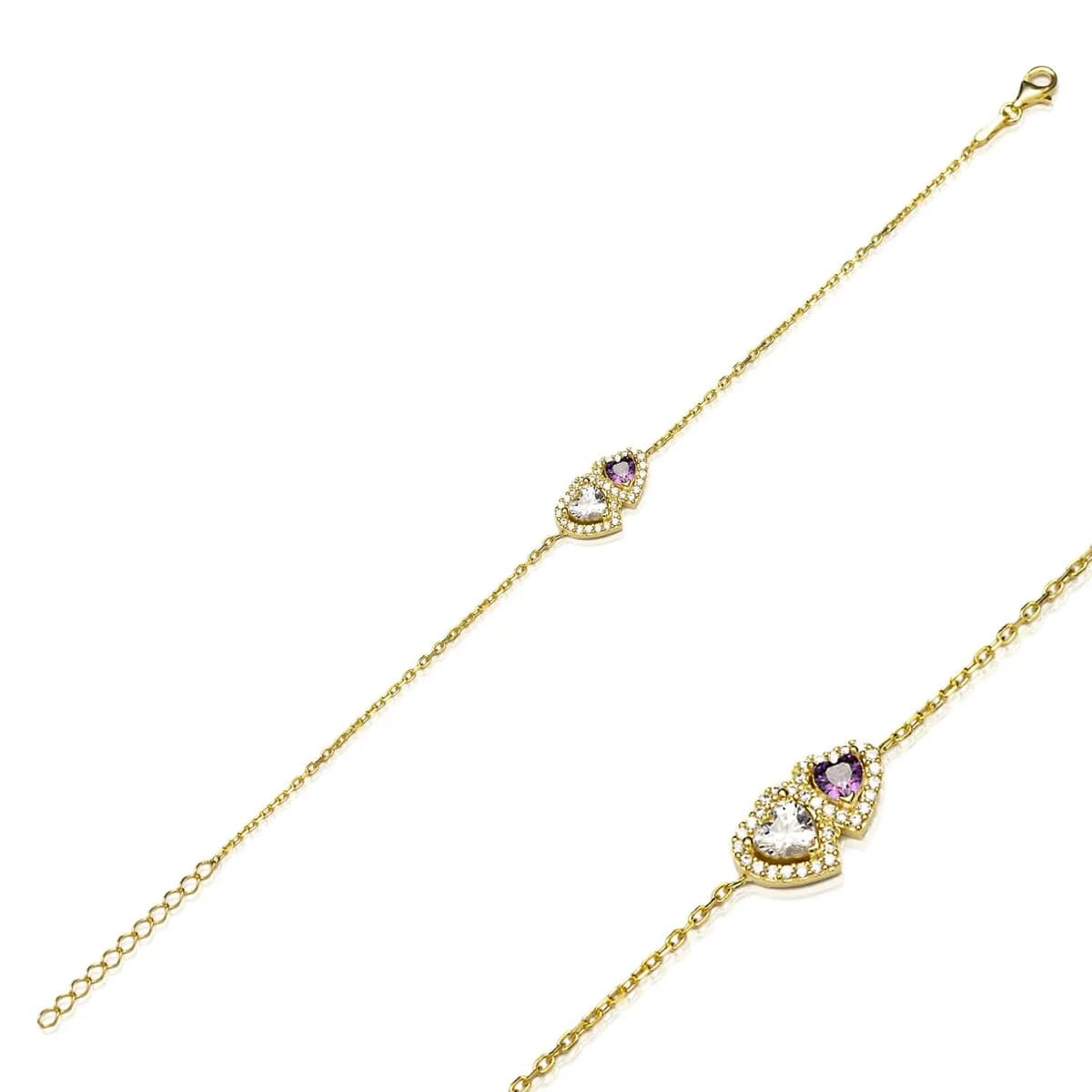 Twin Heart Amethyst And White CZ Charm Bracelet